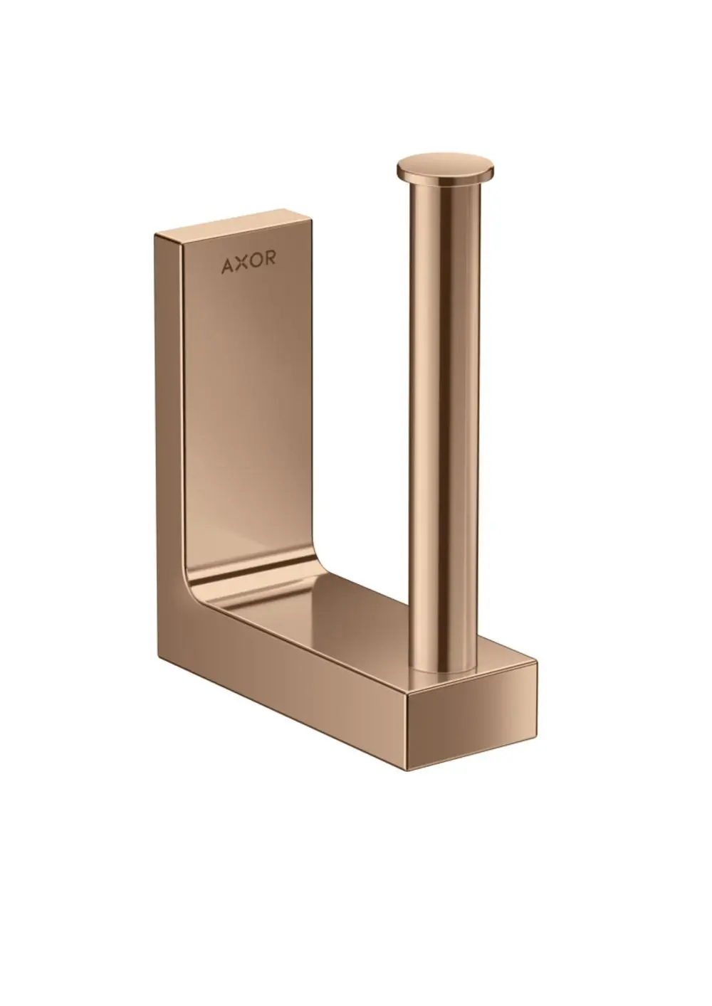 Ersatzpapierrollenhalter in glänzendem Rotgold von AXOR, mit quadratischer Basis und vertikalem Halterungsstift. Ideal für moderne Badezimmergestaltung.